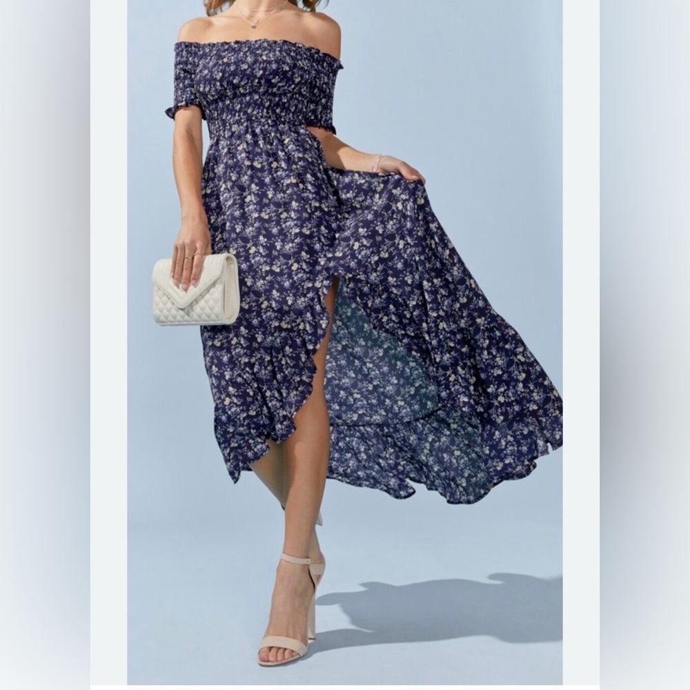 Mi Ami Francesca’s  Blue Floral Off-Shoulder Maxi Dress Women’s M Whimsical Boho